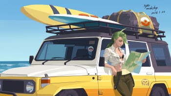1girl absurdres ahoge bikini bikini_top_only black_bikini blue_sky breasts brown_pants car clodsire closed_mouth collared_shirt commentary green_hair highres holding holding_map leaning_back long_hair map medium_breasts midriff motor_vehicle navel nintendo ocean outdoors pants pokemon pokemon_sv ponytail red_eyes rika_(pokemon) shirt sky smile solo sports_utility_vehicle sticker surfboard swimsuit tied_shirt tytoworkshop water white_shirt