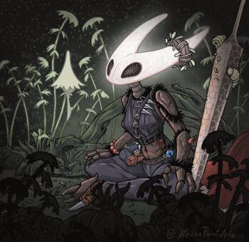 1girl alternate_costume animated animated_gif arthropod_girl arthropod_limbs bug commentary compound_eyes dark_skin english_commentary flying hollow_knight hollow_knight:_silksong horned_mask hornet_(hollow_knight) key looping_animation mask mothleaf_lagnia_(hollow_knight) muckmaggot_(hollow_knight) needle_(hollow_knight) neverpaint outdoors plant planted rosary sitting tool_(hollow_knight) white_mask