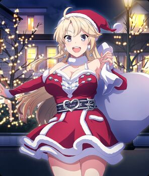 1girl :d ahoge belt black_belt black_sky blonde_hair blue_eyes blush breasts christmas christmas_lights cleavage collarbone cowboy_shot detached_sleeves dress earrings floating_earrings fur-trimmed_dress fur-trimmed_headwear fur-trimmed_skirt fur-trimmed_sleeves fur_collar fur_trim game_cg hat heart_belt_buckle hedge holding holding_sack house jewelry kohagura_ellen lamppost large_breasts long_hair looking_at_viewer night night_sky official_art open_mouth outdoors pom_pom_(clothes) red_dress red_hat red_skirt red_sleeves sack santa_costume santa_dress santa_hat skirt sky sleeveless sleeveless_dress smile solo teeth third-party_source toji_no_miko toji_no_miko:_kizamishi_issen_no_tomoshibi tree upper_teeth_only