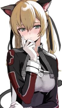 Rule 34 | 1girl, animal ears, black jacket, blonde hair, blush, breasts, cat ears, collarbone, commentary request, gloves, green eyes, hair between eyes, highres, jacket, kantai collection, kemonomimi mode, long hair, long sleeves, looking at viewer, medium breasts, multicolored jacket, neju, pout, prinz eugen (kancolle), red jacket, sidelocks, simple background, solo, twintails, two-tone jacket, upper body, white background, white gloves