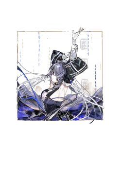 1girl arknights armpits arms_up black_dress black_sleeves blue_eyes blue_hair border breasts commentary dress from_side gloves hair_over_one_eye hat highres large_breasts long_hair long_sleeves looking_at_viewer nurse_cap pipidan puffy_sleeves sideboob solo syringe upper_body whisperain_(arknights) white_border white_gloves white_hat