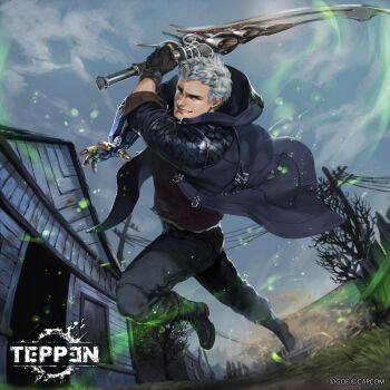 1boy abandoned_building amputee blue_eyes blue_jacket blue_sky building capcom cloud day dead_tree devil_may_cry_(series) devil_may_cry_5 fingerless_gloves gloves grass highres hood hood_down house jacket jumping male_focus nero_(devil_may_cry) official_art open_clothes open_jacket power_lines prosthesis prosthetic_arm shiyuu_(shiyu) short_hair sky smirk swinging_weapon sword teppen tree weapon white_hair