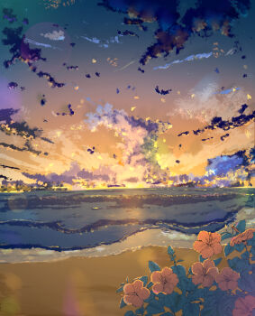 absurdres beach blue_sky cloud commentary_request cumulonimbus_cloud evening flower gradient_sky highres horizon leaf no_humans ocean orange_sky original red_flower scenery sinsyou_sketcher sky summer sunset waves
