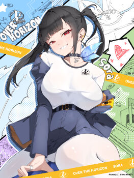 Rule 34 | 1girl, belt, black belt, black choker, black hair, blue jacket, blue skirt, blush, breasts, choker, commentary, english text, goddess of victory: nikke, grin, highres, jacket, jewelry, large breasts, long hair, long sleeves, looking at viewer, mole, mole under eye, open clothes, open jacket, paid reward available, paneled background, pantyhose, pencil skirt, red eyes, ring, shirt, sidelocks, skirt, smile, solo, sonaworld, sora (nikke), twintails, white pantyhose, white shirt