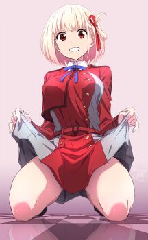Rule 34 | 1girl, belt, blonde hair, blue ribbon, breasts, checkered floor, clenched teeth, clothes lift, commentary, dated, dress, dress lift, grey dress, grin, hair ribbon, hashtag-only commentary, highres, kneeling, lifting own clothes, long sleeves, looking at viewer, lycoris recoil, lycoris uniform, medium breasts, neck ribbon, nii manabu, nishikigi chisato, pink background, red belt, red dress, red eyes, red ribbon, reflection, revision, ribbon, short hair, signature, smile, solo, teeth, thighs, two-tone dress
