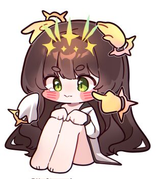 1girl blush brown_hair chime_(nikke) commentary cosplay crown_(naked_king)_(nikke) crown_(nikke) crown_(nikke)_(cosplay) disembodied_hand goddess_of_victory:_nikke green_eyes highres long_hair long_sleeves mming_(mmingis18) naked_robe naked_shirt official_alternate_costume open_clothes open_robe robe shirt solo surrounded_by_hands symbol-only_commentary white_robe