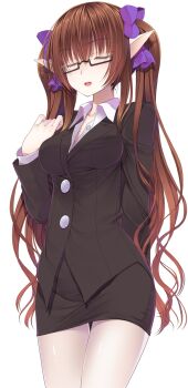 Rule 34 | 1girl, alternate costume, arm behind back, bespectacled, black-framed eyewear, breasts, brown hair, business suit, buttons, collared shirt, commentary request, cowboy shot, crote, formal clothes, glasses, hair between eyes, hair ribbon, hand up, highres, himekaidou hatate, large variant set, long hair, medium breasts, miniskirt, office lady, pale skin, pantyhose, pencil skirt, pointy ears, purple ribbon, ribbon, semi-rimless eyewear, shirt, simple background, skirt, skirt suit, solo, standing, suit, touhou, transparent background, twintails, under-rim eyewear, variant set, very long hair, white pantyhose, white shirt, wing collar
