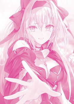 1girl backless_dress backless_outfit bare_shoulders breasts chris_esse_eisbert cleavage commentary_request cover_image danshi_kinsei_game_sekai_de_ore_ga_yarubeki_yuiitsu_no_koto_yuri_no_ma_ni_hasamaru_otoko_to_shite_tensei_shite_shimaimashita detached_sleeves diamond-shaped_earrings dress earrings hairband haishiki jewelry large_breasts long_hair monochrome novel_illustration official_art open_mouth reaching reaching_towards_another reaching_towards_viewer smile solo tearing_up torn_clothes very_long_hair