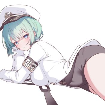 1girl armband black_armband black_shorts blue_hair blush breasts closed_mouth commentary double-parted_bangs gloves green_hair hat highres indie_virtual_youtuber jacket large_breasts looking_at_viewer lying on_side peaked_cap pink_pupils rapid17 short_hair short_shorts shorts simple_background solo virtual_youtuber white_background white_gloves white_hat white_jacket yangdoki