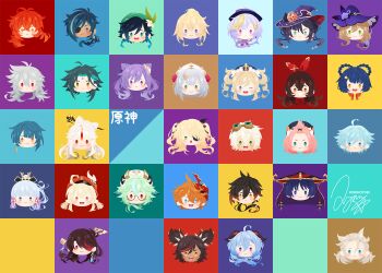 6+boys 6+girls albedo_(genshin_impact) amber_(genshin_impact) animal_ears ayaka_(genshin_impact) barbara_(genshin_impact) beidou_(genshin_impact) bennett_(genshin_impact) blonde_hair blue_eyes blue_hair blunt_bangs brown_hair chongyun_(genshin_impact) commentary_request diluc_(genshin_impact) diona_(genshin_impact) eyepatch fischl_(genshin_impact) ganyu_(genshin_impact) genshin_impact glasses green_eyes grey_hair grin hair_rings hairband hat highres jean_(genshin_impact) kaeya_(genshin_impact) keqing_(genshin_impact) kinokorin klee_(genshin_impact) lisa_(genshin_impact) mask mask_on_head mona_(genshin_impact) multiple_boys multiple_girls ningguang_(genshin_impact) noelle_(genshin_impact) open_mouth pink_hair purple_hair qiqi_(genshin_impact) razor_(genshin_impact) red_hairband scaramouche_(genshin_impact) smile sucrose_(genshin_impact) tartaglia_(genshin_impact) venti_(genshin_impact) wanderer_(genshin_impact) white_hair witch_hat xiangling_(genshin_impact) xiao_(genshin_impact) xingqiu_(genshin_impact) xinyan_(genshin_impact) zhongli_(genshin_impact)
