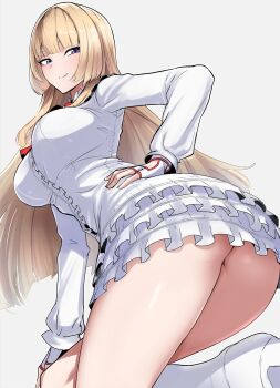 1girl ass ass_focus blonde_hair boots breasts clash_kuro_neko emilie_de_rochefort fingerless_gloves gloves hand_on_own_hip highres large_breasts long_hair long_sleeves looking_back skirt tekken thick_thighs thighs white_background