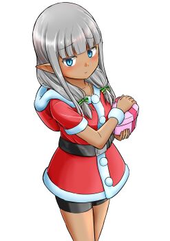 Rule 34 | 1girl, absurdres, belt, belt buckle, bike shorts, black belt, black shorts, blue eyes, blunt bangs, blush, bow, box, buckle, closed mouth, dark-skinned female, dark elf, dark skin, dress, elf, fur-trimmed dress, fur-trimmed hood, fur trim, fur wrist cuffs, gift, green bow, grey hair, hair bow, heart-shaped box, highres, holding, holding gift, hood, hood down, hooded dress, karla (kono healer mendokusai), kono healer mendokusai, long hair, long sidelocks, looking at viewer, official art, pointy ears, red dress, santa costume, short sleeves, shorts, sidelocks, simple background, solo, tannen ni hakkou, white background, white wrist cuffs, wrist cuffs