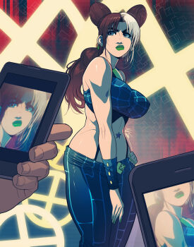 1girl birthmark black_hair braid breasts bun_with_braided_base cone_hair_bun cosplay double_bun exmile green_eyes green_lips hair_bun highres joestar_birthmark jojo_no_kimyou_na_bouken kuujou_jolyne kuujou_jolyne_(cosplay) marvel midriff multicolored_hair rogue_(x-men) solo spider_web_print stone_ocean two-tone_hair x-men