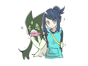 01koooiocha17 1girl ? anger_vein arms_behind_back black_hair black_shirt blue_eyes blue_hoodie closed_mouth hair_bun hair_ornament hairclip highres hood hood_down hoodie liko_(pokemon) looking_at_viewer meowscarada nintendo pokemon pokemon_(anime) pokemon_(creature) pokemon_horizons shirt short_hair sleeveless sleeveless_hoodie white_background