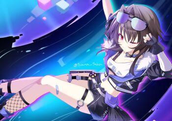 1girl 9-nine- arm_up asymmetrical_legwear bandaid bandaid_on_leg belt black-framed_eyewear black_gloves black_hair black_jacket black_shorts blue_background blush breasts closed_mouth collarbone commentary_request commission cosplay crop_top dutch_angle eyelashes eyewear_on_head feet_out_of_frame fingerless_gloves from_side fur-trimmed_jacket fur_trim gloves hair_between_eyes hair_intakes hand_up highres honkai:_star_rail honkai_(series) jacket light_frown looking_at_viewer midriff mismatched_legwear o-ring o-ring_thigh_strap one_eye_closed open_clothes open_jacket panties panty_peek purple-tinted_eyewear red_eyes shirt short_hair_with_long_locks short_shorts shorts silver_wolf_(honkai:_star_rail) silver_wolf_(honkai:_star_rail)_(cosplay) simple_background sitting skeb_commission skindentation small_breasts solo stretching sunglasses thigh_strap thighs tinted_eyewear twitter_username tyama_taka underwear v-shaped_eyebrows white_belt white_shirt yuuki_noa