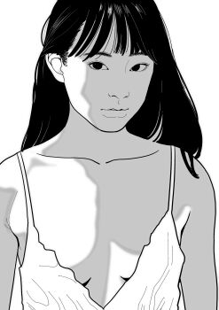 Rule 34 | 1girl, absurdres, armpit crease, breasts, cleavage, collarbone, commentary request, east asian, futoshi slim, greyscale, hair behind ear, highres, lips, monochrome, original, plunging neckline, small breasts, solo, upper body