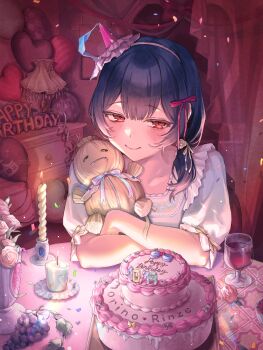Rule 34 | 1girl, absurdres, bedroom, birthday cake, black hair, blush, cake, candle, center-flap bangs, character name, closed mouth, commentary request, crossed arms, cup, curtains, double-parted bangs, drinking glass, food, hairband, happy birthday, hat, highres, hugging doll, hugging object, idolmaster, idolmaster shiny colors, indoors, looking at viewer, low side ponytail, mini party hat, morino rinze, pajamas, pink hairband, pink hat, pov across table, puffy short sleeves, puffy sleeves, raised inner eyebrows, red eyes, shikuwata, short sleeves, smile, solo, straw doll, tilted headwear, upper body, vase, wine glass