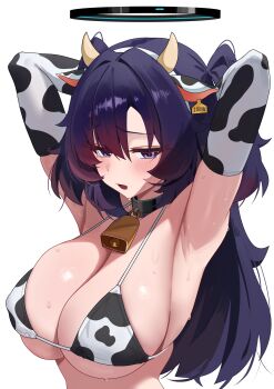 1girl absurdres animal_ear_hairband animal_ears animal_print arms_behind_head arms_up bell bikini black_halo blue_archive blue_eyes blue_hair blush breasts cleavage commentary cow_ear_hairband cow_ears cow_horns cow_print cow_print_bikini cowbell elbow_gloves fake_animal_ears fake_horns gloves hairband halo highres horns huge_breasts long_hair looking_at_viewer mcbox neck_bell open_mouth print_bikini simple_background solo sweat swimsuit symbol-only_commentary two_side_up upper_body white_background yuuka_(blue_archive)