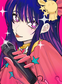 1girl aegyo_sal commentary english_commentary gloves hair_ornament heart highres hoshino_ai idol long_hair microphone oshi_no_ko pink_gloves purple_eyes purple_hair rabbit_hair_ornament sailen0 solo star-shaped_pupils star_(symbol) symbol-shaped_pupils teeth tongue tongue_out