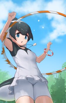 1girl absurdres black_hair black_one-piece_swimsuit blowhole blue_eyes blush bracelet cetacean_tail commerson&#039;s_dolphin_(kemono_friends) cowboy_shot dolphin_girl dorsal_fin fins fish_tail frilled_one-piece_swimsuit frills hair_between_eyes harusan_adelie highres hoop hula_hoop jewelry kemono_friends looking_at_viewer motion_blur multicolored_hair necklace one-piece_swimsuit short_hair short_sleeves sidelocks solo sweatdrop swimsuit tail two-tone_hair two-tone_one-piece_swimsuit white_hair white_one-piece_swimsuit