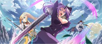 1other 3girls animal arm_guards armor arms_up black_bodysuit black_cloak black_gloves black_hat black_horns blonde_hair blue_eyes blue_sky bodysuit boobplate borrowed_clothes braid breastplate breasts brown_hair carrying carrying_person cleavage cloak closed_mouth cloud cloudy_sky collared_shirt crossover darkness_(konosuba) day dress fangs faulds fingerless_gloves formal_clothes from_below game_cg gloves hair_between_eyes hair_ornament hair_tie hat high_ponytail highres holding holding_sword holding_weapon horns huge_weapon jacket kono_subarashii_sekai_ni_shukufuku_wo! konosuba!_fantastic_days large_breasts long_hair long_sleeves looking_at_another looking_at_viewer looking_down mage_staff megumin multiple_girls neck_ribbon official_art on_animal oni open_mouth outdoors oversized_animal pant_suit pants parted_bangs pauldrons ponytail ponytail_with_braided_base purple_eyes purple_hair purple_jacket purple_pants purple_suit ranga_(tensura) red_dress red_ribbon ribbon rimuru_tempest rimuru_tempest_(slime) serious shade shion_(tensura) shirt short_hair shoulder_armor sidelocks single_horn single_pauldron sky slime_(creature) staff standing suit suit_jacket sun sunlight sword teeth tensei_shitara_slime_datta_ken upper_teeth_only v-shaped_eyebrows weapon white_horns witch_hat wolf x_hair_ornament yellow_shirt