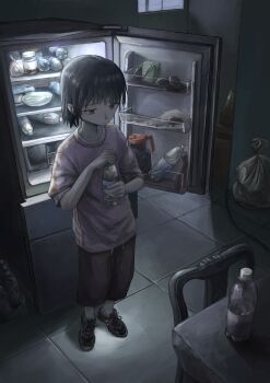 1girl absurdres bin_jiang bottle chair commentary highres holding holding_bottle juice_box original refrigerator short_hair solo table trash_bag water_bottle