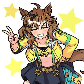 1girl ahoge animal_ears bandeau black_skirt brown_hair commentary_request facing_viewer hair_between_eyes hair_ornament hairclip highres horse_ears horse_girl horse_tail jacket jungle_pocket_(champion's_battle_cry)_(umamusume) jungle_pocket_(umamusume) long_sleeves medium_hair midriff navel notched_ear open_clothes open_jacket skirt smile solo star_(symbol) suspenders tail umamusume v yellow_bandeau yellow_eyes yellow_jacket yurin35699515