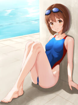 1girl barefoot blue_one-piece_swimsuit breasts brown_eyes brown_hair ca_paria commentary_request competition_swimsuit goggles goggles_on_head hagiwara_yukiho highleg highleg_one-piece_swimsuit idolmaster idolmaster_million_live! one-piece_swimsuit pool poolside short_hair sitting small_breasts solo swimsuit