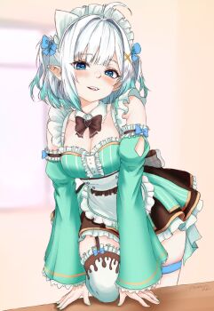 1girl ahoge apron arm_support back_bow black_bow black_bowtie blue_eyes blurry blurry_background blush bow bowtie breasts cleavage commentary densetsu.exe detached_collar detached_sleeves dress english_commentary fang feet_out_of_frame frilled_dress frills green_dress green_hair green_nails hair_ornament highres leaning_forward looking_at_viewer maid maid_apron maid_headdress medium_breasts mint_fantome multicolored_hair open_mouth pennylessmac pointy_ears signature solo streaked_hair thigh_strap thighhighs unconventional_maid virtual_youtuber white_hair x_hair_ornament