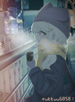 1girl alternate_costume aoba_(blue_archive) bag beanie black_jacket blonde_hair blue_archive bridge can canned_coffee commentary_request drink_can fluffy_hair from_side gloves grey_gloves grey_hat hair_ornament hairclip halo hat highres holding holding_can jacket looking_afar open_mouth pedestrian_bridge photo_background railing red_eyes scarf shoulder_bag side_pov sidelocks signature single_glove twitter_username urban uttsu_(yumaviviane) yellow_halo yellow_scarf