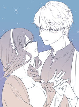 1boy 1girl blue_background blush braid braided_ponytail cardigan closed_eyes closed_mouth collarbone commentary_request couple face-to-face gradient_background greyscale_with_colored_background grin hair_ornament hair_over_shoulder hairband hetero highres holding_hands husband_and_wife interlocked_fingers long_hair looking_at_another purple_background shirt short_hair smile spy_x_family star_(symbol) star_hair_ornament sunbo_zatta twilight_(spy_x_family) upper_body very_short_hair yor_briar