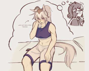 2girls ahoge animal_ears belno_light_(umamusume) blue_sports_bra blush breasts closed_eyes commentary ears_back english_commentary feet_out_of_frame grey_background grey_hair grey_tail hair_ornament hand_on_own_chin highres horse_ears horse_girl horse_tail image_in_thought_bubble imagining letter_hair_ornament medium_breasts midriff multiple_girls navel open_mouth purple_eyes short_hair shorts sitting small_sweatdrop sonyr4in sports_bra sportswear tail toned toned_female umamusume umamusume:_cinderella_gray white_shorts wiping_face