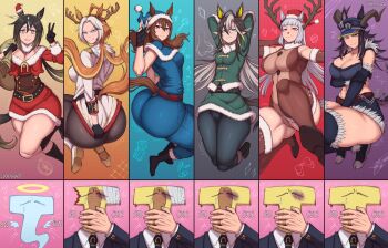 1boy 6+girls absurdres alternate_ass_size alternate_body_size alternate_breast_size_(larger) alternate_costume animal_costume animal_ears antlers arms_up ass bandaged_head bandages belt black_hair blonde_hair boots breasts brown_hair bruise bruised_eye cameltoe capelet cleavage closed_mouth clothing_cutout cosplay crying dream_journey_(umamusume) elbow_gloves extra_ears fake_antlers fake_nose fenomeno_(umamusume) fingerless_gloves formal_clothes ghost gloves gluteal_fold gold_ship_(umamusume) grey_hair halo hand_up hat highres holding holding_sack horns horse_ears horse_girl horse_tail huge_ass huge_breasts injury jacket jewelry large_breasts leotard long_sleeves looking_at_viewer medium_breasts mini_hat multicolored_hair multiple_girls nakayama_festa_(umamusume) necktie open_clothes open_vest orfevre_(umamusume) pants pantyhose peaked_cap pointy_ears ponytail purple_hair red_nose reindeer_antlers reindeer_costume ring rudolph_the_red_nosed_reindeer rudolph_the_red_nosed_reindeer_(cosplay) sack santa_costume santa_hat shaz_(luckyshazo) shorts skirt skirt_tug smile split_ponytail stay_gold_(umamusume) stay_gold_clan_(umamusume) suit t-head_trainer_(umamusume) tail tail_through_clothes thick_thighs thighhighs thighs trainer_(umamusume) umamusume v v-shaped_eyebrows vest white_hair wide_hips