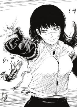 1girl breasts chainsaw_devil chainsaw_man commentary_request cross_scar facial_scar greyscale highres k.rikina medium_breasts monochrome motion_lines pointing ringed_eyes scar scar_on_cheek scar_on_face scar_on_nose severed_arm severed_limb smile solo speed_lines torn_clothes torn_sleeves upper_body yoru_(chainsaw_man)