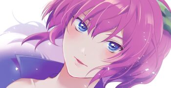 Rule 34 | 1girl, blue eyes, blue jacket, bow, close-up, commentary request, floating hair, green bow, hair between eyes, hair bow, highres, hikami satori, jacket, jikkyou powerful pro yakyuu, long hair, looking at viewer, mkgi mk, open mouth, ponytail, power pro appli, purple hair, solo, white background