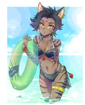 1girl animal_ears armlet beach bikini bindi black_hair blue_sky bracelet cat_ears cloud dark-skinned_female dark_skin day earrings female_focus hoop_earrings iesupa innertube jewelry o-ring o-ring_bikini o-ring_bottom outdoors rwby sienna_khan sky solo sparkle swim_ring swimsuit thighlet tiger_ears tiger_stripes wading water yellow_eyes