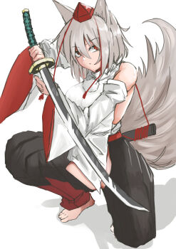 Rule 34 | 1girl, absurdres, animal ears, barefoot, black hakama, commentary, detached sleeves, hair over eyes, hakama, hakama pants, hat, highres, holding, holding sword, holding weapon, inubashiri momiji, japanese clothes, kneeling, kuraki, pants, pom pom (clothes), red eyes, red hat, simple background, solo, sword, tail, toes, tokin hat, touhou, weapon, white background, wide sleeves, wolf ears, wolf girl, wolf tail
