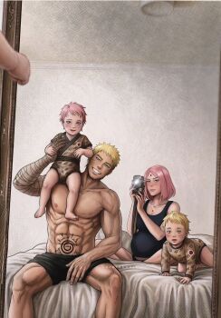 2boys 2girls abs blonde_hair body_markings boruto:_naruto_next_generations boruto_(series) child commentary couple english_commentary father_and_child father_and_daughter father_and_son haruno_sakura highres husband_and_wife mother_and_child mother_and_daughter mother_and_son multiple_boys multiple_girls muscular muscular_male narusakuart1 naruto_(series) parent_and_child phone picture_frame pink_hair pregnant taking_picture uzumaki_naruto