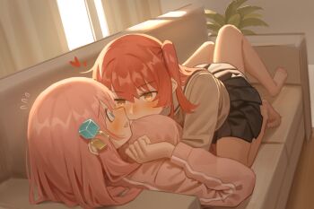 2girls barefoot blue_eyes blush bocchi_the_rock! breasts commentary_request couch cube_hair_ornament flying_sweatdrops girl_on_top gotoh_hitori green_eyes hair_ornament heart heart_in_eye hug indoors jacket kita_ikuyo long_hair milktea_(gggrrr2000) multiple_girls on_couch one_side_up open_mouth pink_hair pink_jacket red_hair school_uniform shuka_high_school_uniform skirt straddling symbol_in_eye track_jacket yuri