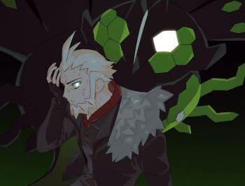 1boy arm_up beard black_jacket buttons closed_mouth commentary facial_hair fldjfflrnt frown fur_trim gen_6_pokemon grey_vest jacket legendary_pokemon looking_at_another lysandre_(pokemon) male_focus nervous_sweating nintendo open_clothes open_jacket pokemon pokemon_(creature) pokemon_legends:_z-a sweat symbol-only_commentary very_sweaty vest white_eyes white_fur white_hair zygarde zygarde_(50)