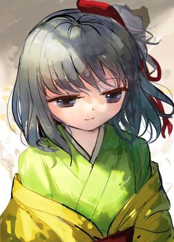 Rule 34 | 1girl, black hair, closed mouth, hair ribbon, hieda no akyuu, highres, japanese clothes, kimono, purple eyes, red ribbon, ribbon, short hair, smile, solo, suna (s73d), touhou