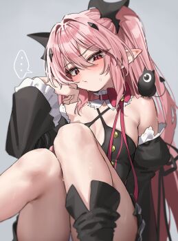 1girl absurdres black_dress blush breasts collar detached_collar detached_sleeves dress frilled_collar frilled_dress frilled_sleeves frills green_tea_(matchaistasty) highres krul_tepes long_hair looking_at_viewer owari_no_seraph panties pink_hair pointy_ears red_eyes sitting skindentation small_breasts solo sweatdrop underwear vampire very_long_hair white_panties