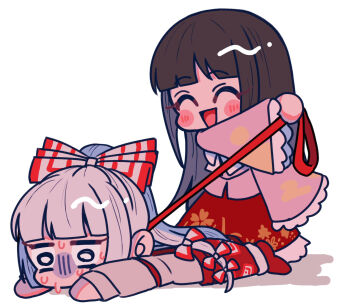 2girls blush bow bowtie chibi chibi_only closed_eyes commentary_request frilled_sleeves frills fujiwara_no_mokou grey_hair grey_shirt hair_bow highres holding holding_leash houraisan_kaguya leash long_hair long_skirt long_sleeves lying multiple_girls multiple_hair_bows ofuda ofuda_on_clothes on_stomach open_mouth pants petal_print pink_shirt print_skirt red_pants red_skirt shirt simple_background skirt smile suspenders sweat tamiko_(tamik0224) torn_clothes torn_sleeves touhou very_long_hair white_background white_bow white_bowtie wide_sleeves