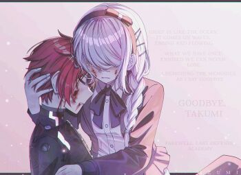 1boy 1girl black_bow black_hair black_hairband black_headband blood blood_from_mouth blood_on_face bow braid braided_ponytail closed_mouth cradling_head cuddling english_text fingernails hair_between_eyes hairband headband highres izumi_481 kirifuji_nozomi long_hair long_sleeves messy_hair multicolored_hair open_mouth purple_ribbon red_hair ribbon shirt sumino_takumi the_hundred_line_-last_defense_academy- upper_body white_background white_hair white_shirt