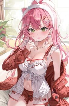 1girl :d absurdres ahoge animal_ear_hairband animal_ears babydoll blush breasts cardigan cat_ear_hairband cat_earrings cat_ears cleavage commentary double-parted_bangs earrings fake_animal_ears frilled_babydoll frilled_shorts frills front_slit green_eyes hair_between_eyes hairband highres hololive indoors jewelry large_breasts long_hair looking_at_viewer mi_ke0224 navel necklace off_shoulder official_alternate_costume open_mouth pink_hair red_cardigan red_shorts sakura_miko sakura_miko_(loungewear) short_shorts shorts sitting smile solo symbol-only_commentary virtual_youtuber white_babydoll