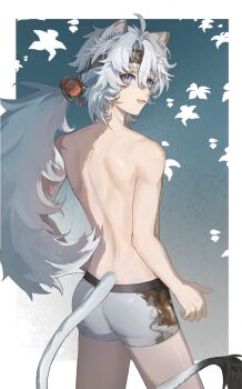 Rule 34 | 1boy, animal ears, ass, black headband, boxers, chinese commentary, commentary request, fang, from behind, headband, highres, kristinacl15115, lingyang (wuthering waves), lion boy, lion ears, lion tail, male focus, male underwear, open mouth, ponytail, smile, tail, underwear, white male underwear, wuthering waves