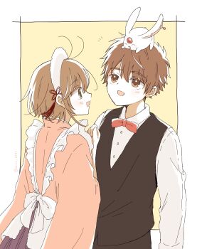 Rule 34 | 1boy, 1girl, :d, animal, animal on head, antenna hair, black vest, blush, bow, bowtie, brown eyes, brown hair, cardcaptor sakura, collared shirt, commentary, green eyes, highres, japanese clothes, kimono, kinomoto sakura, li syaoran, long sleeves, mizu 0401, on head, open mouth, pink kimono, rabbit, red bow, red bowtie, shirt, short hair, simple background, smile, upper body, vest, white shirt