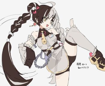 1girl absurdres ahoge bare_shoulders black_hair black_shorts blush braid braided_twintails chakram china_dress chinese_clothes collarbone dialyn_(zenless_zone_zero) dress earrings grey_background hair_extensions hair_ornament hairclip highres id_card jewelry leg_up loah_66 long_hair multicolored_hair necktie open_mouth phone ring_hair_extensions shorts simple_background solo split-color_hair thighhighs weapon white_dress white_hair white_thighhighs wire yellow_eyes yellow_necktie zenless_zone_zero