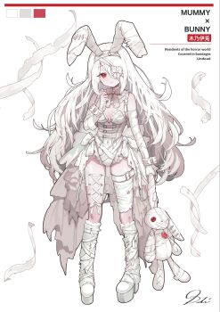 1girl animal_ears bandaged_arm bandaged_ear bandaged_leg bandages bare_shoulders blush boots breasts button_eyes buttons color_guide commentary commentary_request corset_piercing dolce_(dolsuke) english_commentary english_text eyepatch fingerless_gloves full_body gloves hair_over_one_eye heart heart_eyepatch highres holding holding_stuffed_toy leotard long_hair medium_breasts original platform_heels rabbit_ears red_eyes signature standing stuffed_animal stuffed_rabbit stuffed_toy very_long_hair white_background white_boots white_gloves white_hair white_leotard