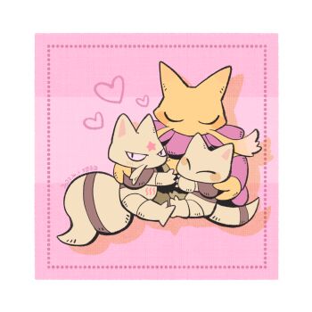 Rule 34 | abra, alakazam, alternate color, blush, border, closed eyes, dated, drop shadow, evolutionary line, gen 1 pokemon, heart, hug, kadabra, karin (100100), looking at viewer, nintendo, no humans, pink background, pokemon, pokemon (creature), shiny pokemon, signature, star (symbol), white border